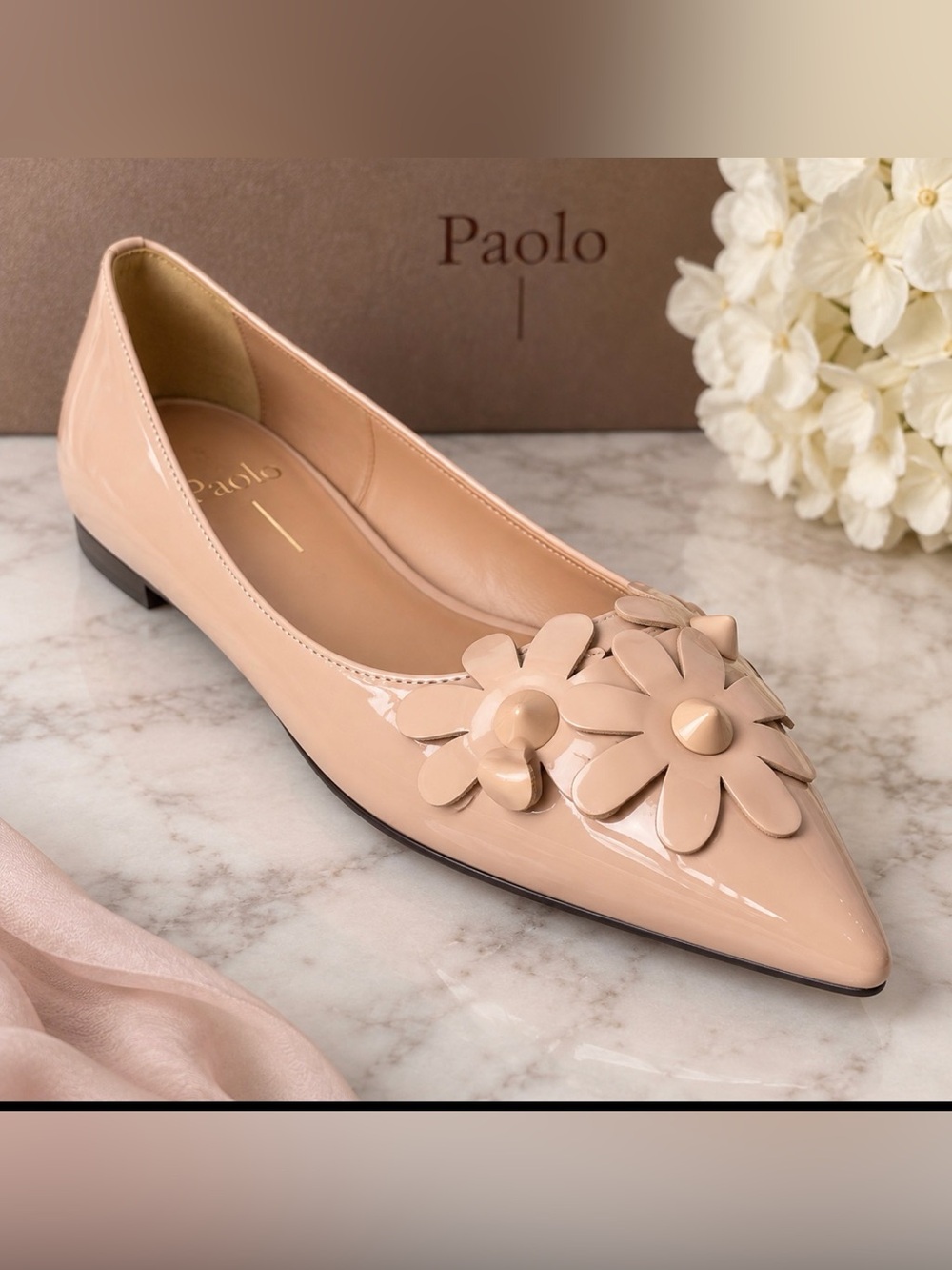 Paolo Blush Patent Leather Pointed Toe Flats with Floral Appliqués Shoes